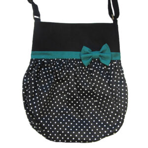 Sac fourre-tout noir à bandoulière ajustable avec noeud turquoise et tissus noir à pois blanc