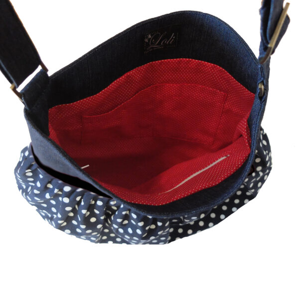 Fourre-tout bandoulière noeud en cuirette - Sac marine pois blancs - Image 4