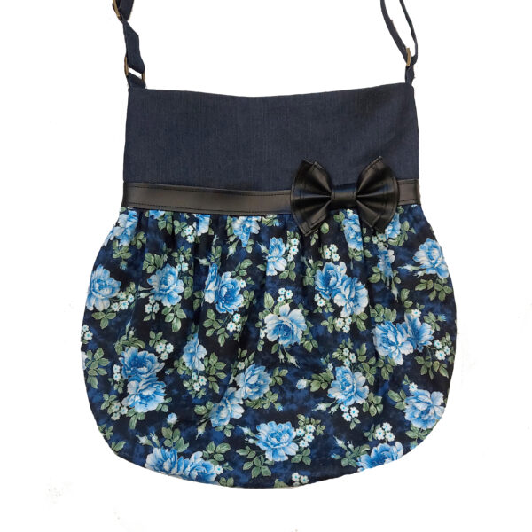 Fourre-tout bandoulière en denim bleu - Sac fleurs bleu, vert, blanc - Image 2