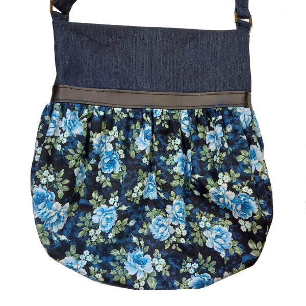Fourre-tout bandoulière en denim bleu - Sac fleurs bleu, vert, blanc - Image 3