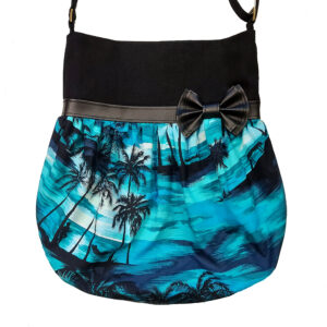 sac à bandoulière avec boucle en cuirette motif de plage et palmiers couleur turquoise