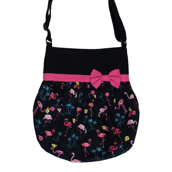 Fourre-tout bandoulière motif flamants roses - Sac noir et rose - Image 2