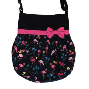 Sac fourre-tout à bandoulière noir avec noeud rose flash motif flamants roses et palmiers