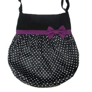 sac fourre-tout bandoulière denim noir avec noeud pourpre et pois blanc