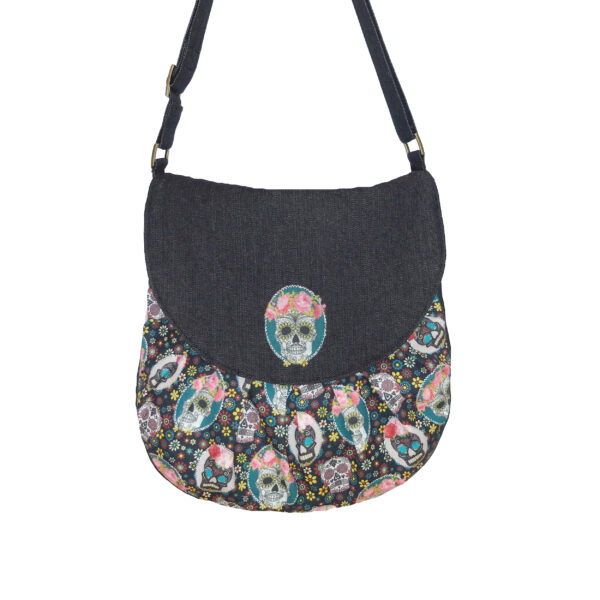 Sac tête de mort mexicaine en denim - Bandoulière ajustable - Image 2