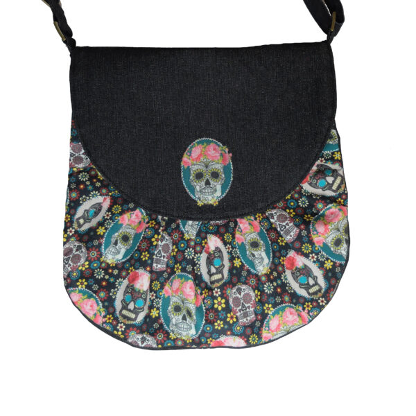 Sac tête de mort mexicaine en denim - Bandoulière ajustable - Image 3