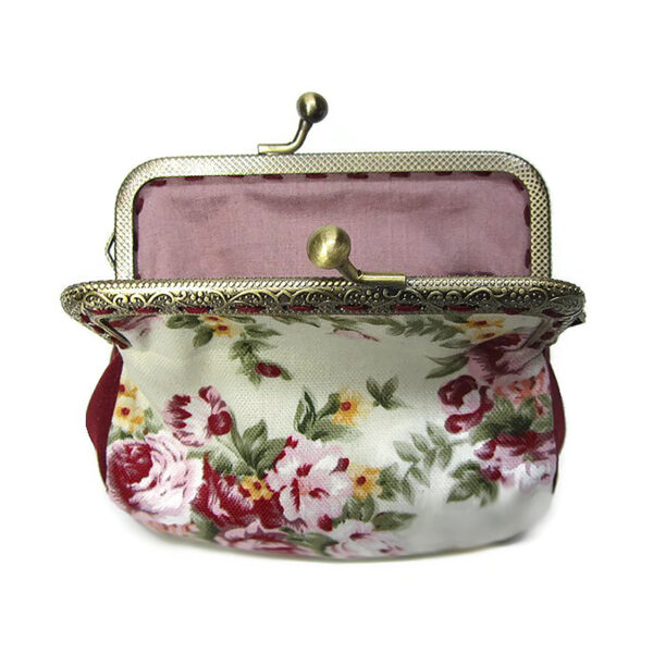 Porte-monnaie fleuri vintage crème, rouge, rose et vert - Image 2