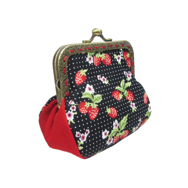 Porte-monnaie vintage fraises rouge et petits pois - fermoir antique - Image 3