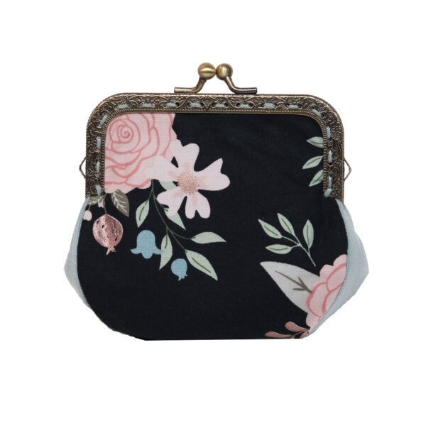 Porte-monnaie féminin noir et fleurs roses - Fermoir vintage