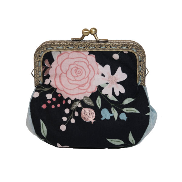 Porte-monnaie féminin noir et fleurs roses - Fermoir vintage - Image 2