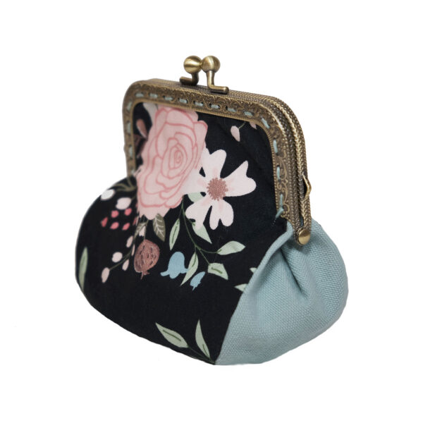 Porte-monnaie féminin noir et fleurs roses - Fermoir vintage - Image 3