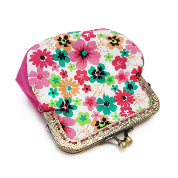Porte-monnaie vintage tissu recyclé - Fleur vive rose, bleue, orange - Image 4