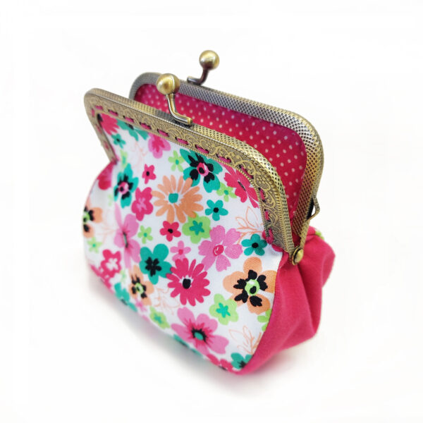 Porte-monnaie vintage tissu recyclé - Fleur vive rose, bleue, orange - Image 3
