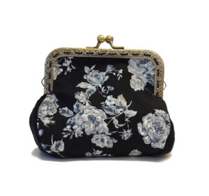 porte-monnaie vintage fleurs noirs et gris fermoir en metal