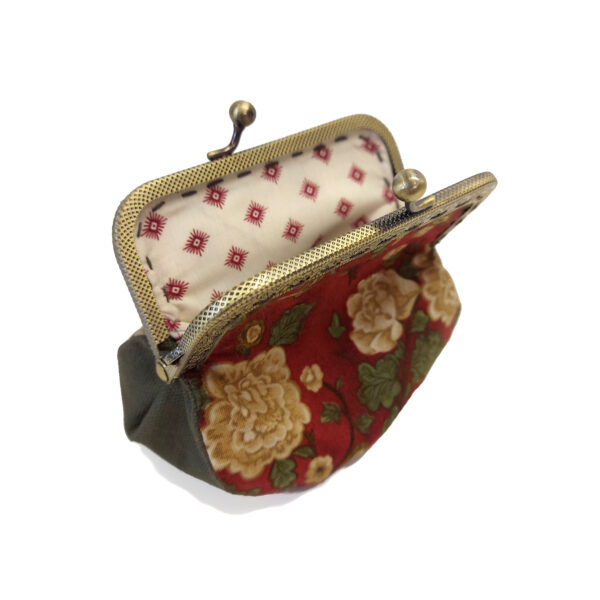 Porte-monnaie vintage - Fleurs retro rouge, beige et kaki - Image 4