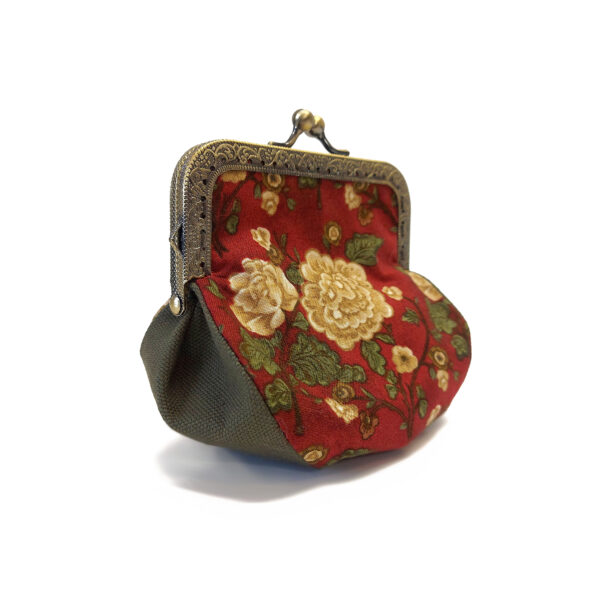 Porte-monnaie vintage - Fleurs retro rouge, beige et kaki - Image 3