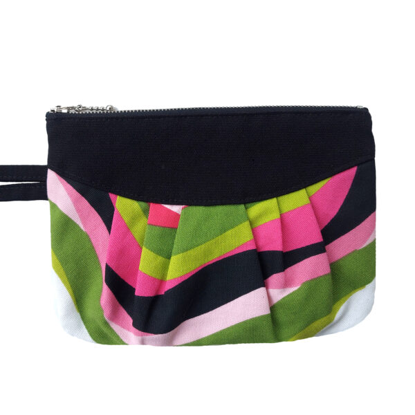 Pochette colorée noir, vert, rose et blanc avec poignée de transport