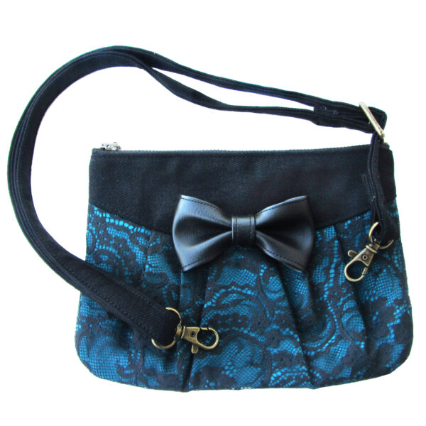 Petit sac dentelle noire - Noeud en cuirette - Bandoulière ajustable - Image 7
