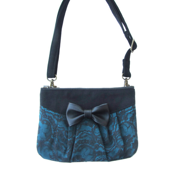 Petit sac dentelle noire - Noeud en cuirette - Bandoulière ajustable - Image 3