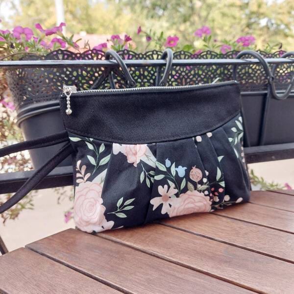 Pochette fleuris noir et rose - Mini sac avec poignée de transport