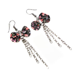 Boucle d'oreille fleurie - Noeud en tissu recyclé noir et rose