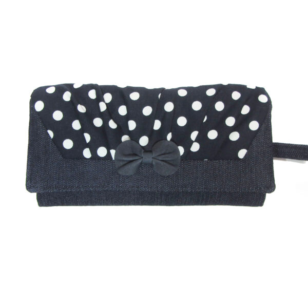 Portefeuille avec RFID en denim et pois blanc avec noeud en cuir - Image 3