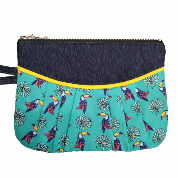 Pochette toucan en denim zippée avec poignée de transport