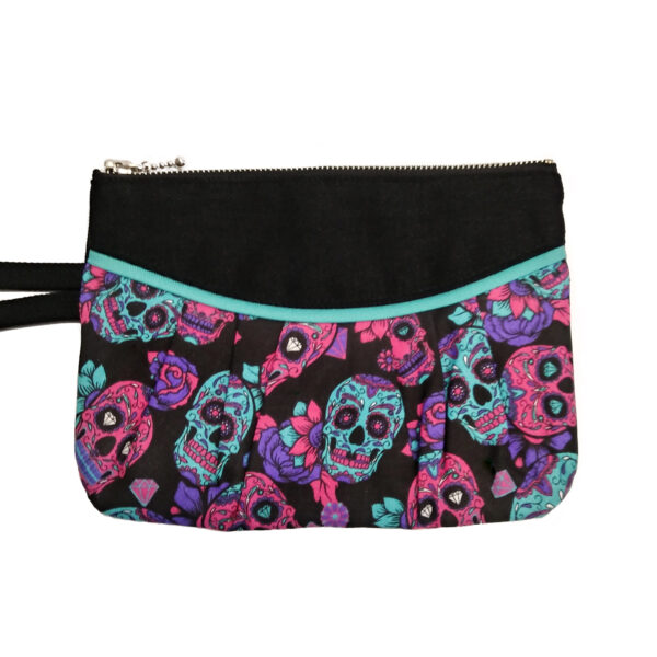 Mini sac tête de mort noir, rose et aqua - Pochette avec poignée - Image 2
