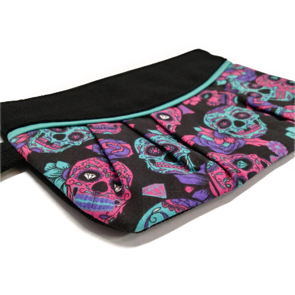 Mini sac tête de mort noir, rose et aqua - Pochette avec poignée - Image 4