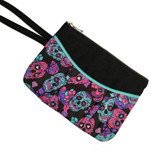 Mini sac tête de mort noir, rose et aqua - Pochette avec poignée - Image 3