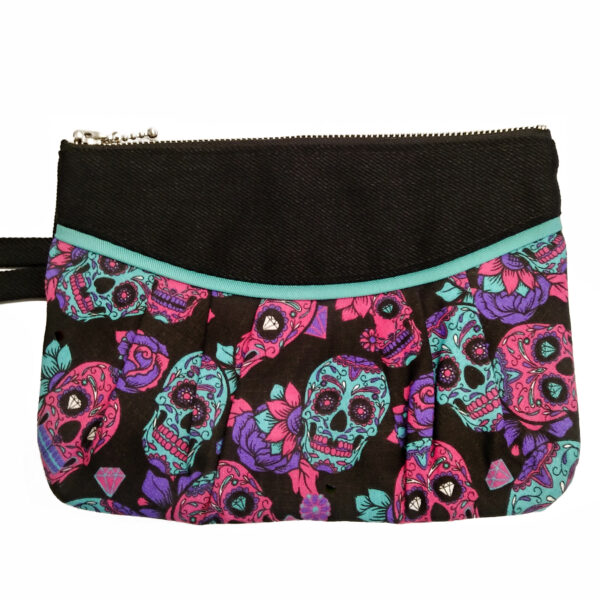 Mini sac tête de mort noir, rose et aqua - Pochette avec poignée