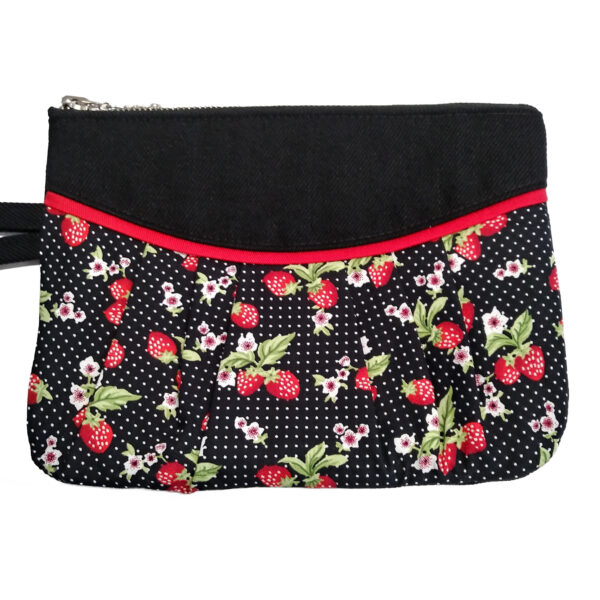 Pochette noire motif fraises et petits pois - Mini sac à main avec poignée et biais contrastant rouge