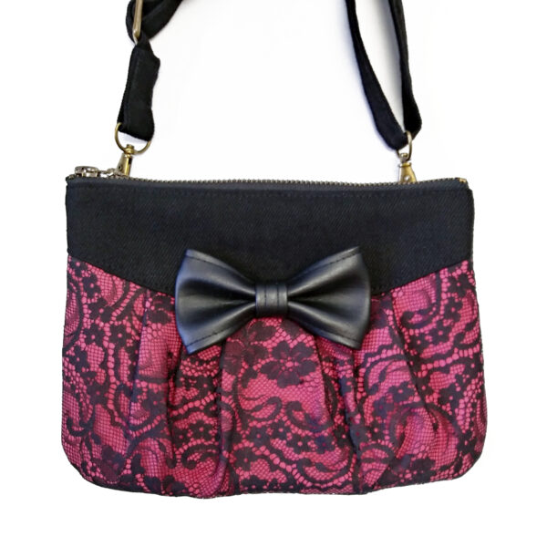 Petit sac dentelle noire - Noeud en cuirette - Bandoulière ajustable - Image 8