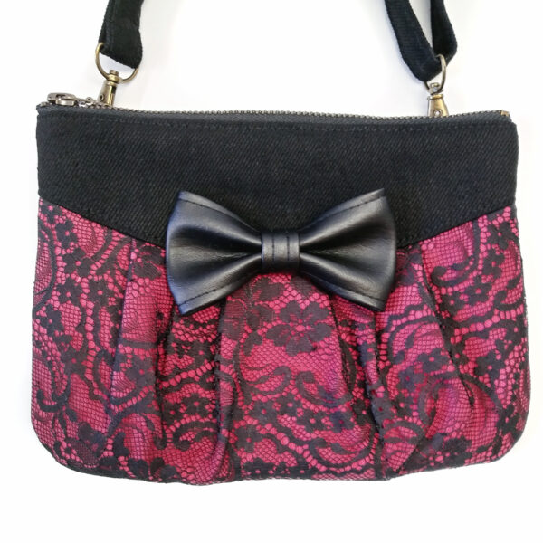 Petit sac dentelle noire - Noeud en cuirette - Bandoulière ajustable - Image 9