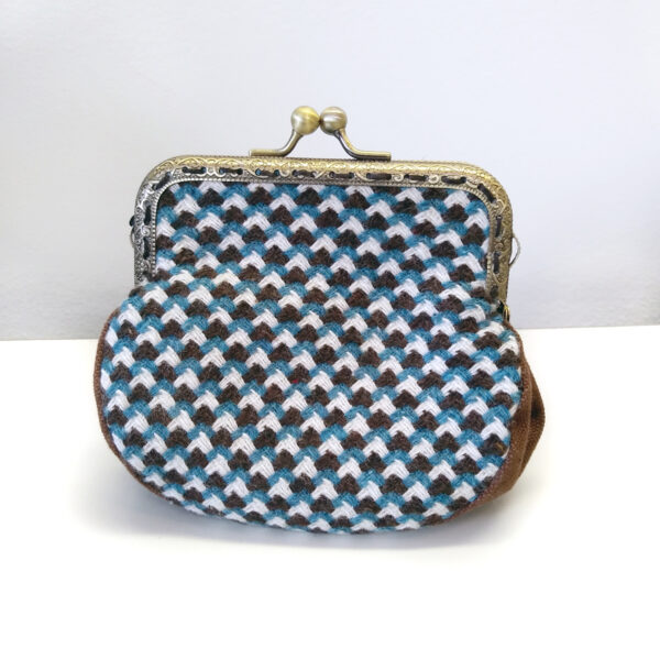 Porte-monnaie vintage lainage brun, bleu et crème