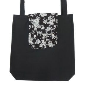 Sac réutilisable pliable imperméable - fleuris noir et gris avec poche au devant