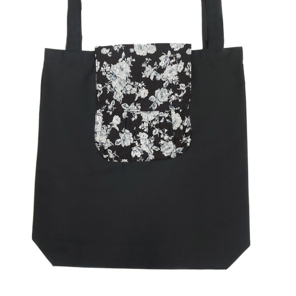 Sac réutilisable pliable imperméable - fleuris noir et gris avec poche au devant