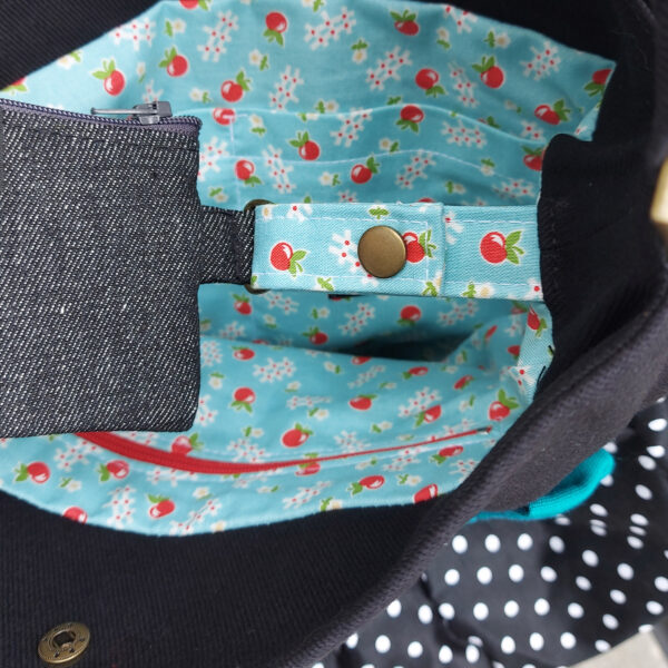 Sac noir à pois blancs - Fourre-tout bandoulière noeud turquoise - Image 7