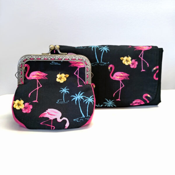 Ensemble cadeau motif flamants roses - Kit porte-monnaie et sac