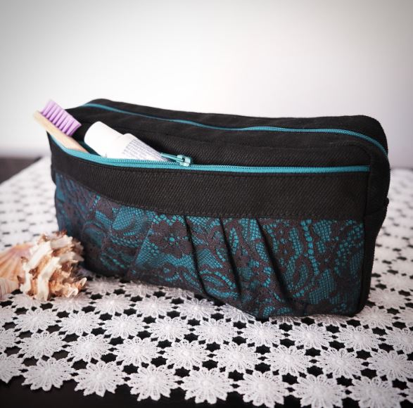 Trousse de voyage, étui à crayon, étui cosmétique noir et turquoise avec dentelle, deux compartiments