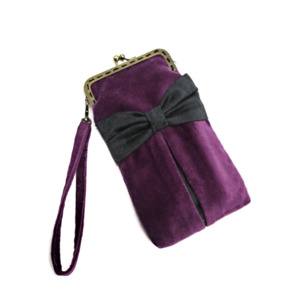 Pochette cellulaire velours violet, noeud noir et fermoir vintage - Image 16
