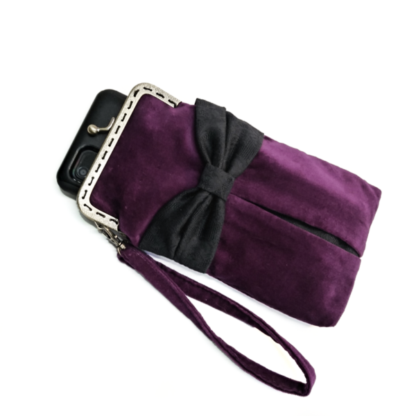 Pochette cellulaire velours violet, noeud noir et fermoir vintage - Image 15