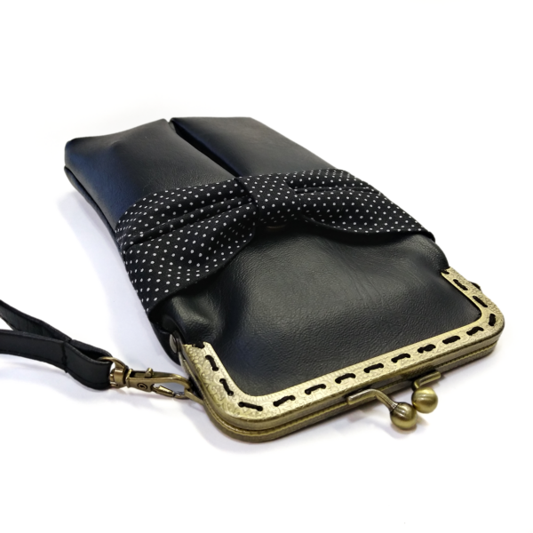 Sac cellulaire en cuirette noire et pois blancs avec fermoir vintage - Image 6