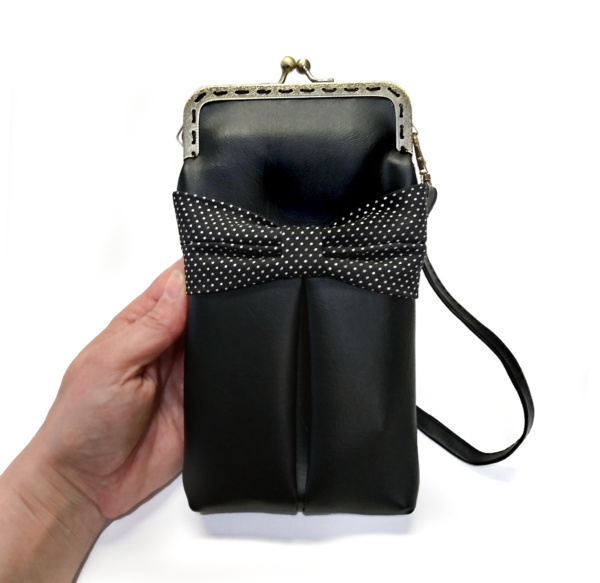 Sac cellulaire en cuirette noire et pois blancs avec fermoir vintage - Image 2