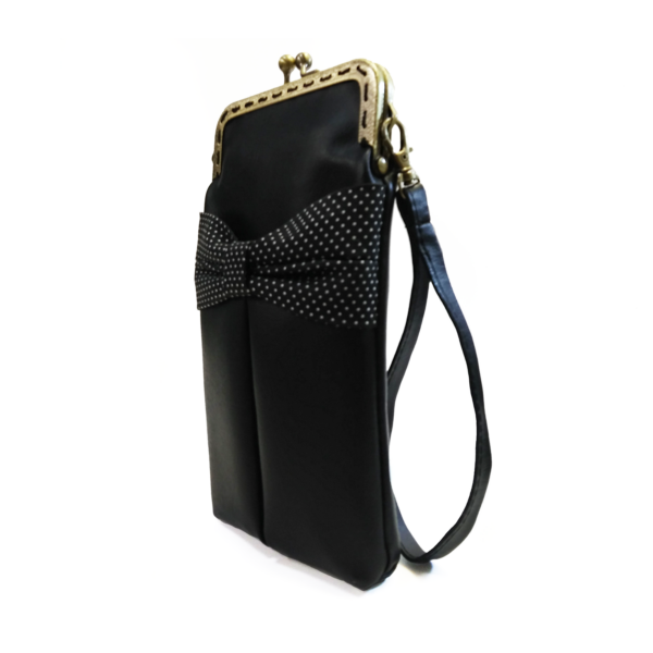 Sac cellulaire en cuirette noire et pois blancs avec fermoir vintage - Image 3