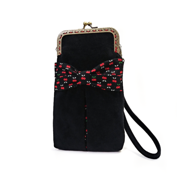 Sac à téléphone en velours côtelé noir et cerises - Fermoir vintage - Image 3