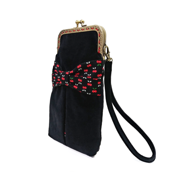 Sac à téléphone en velours côtelé noir et cerises - Fermoir vintage - Image 4