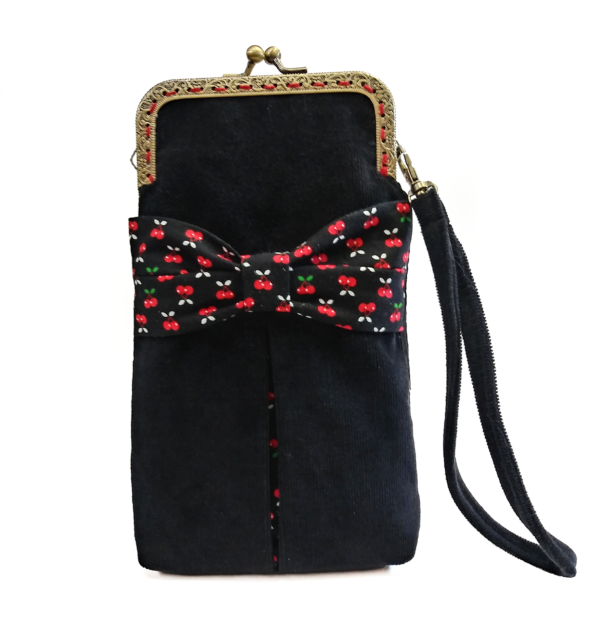 Sac à téléphone en velours noir, noeud cerises rouges et fermoir vintage
