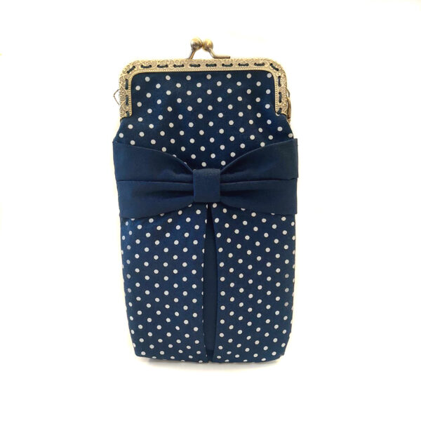 Pochette cellulaire marine pois blanc avec noeud et fermoir vintage - Image 2