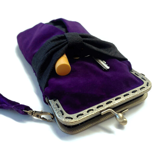 Petit sac velours mauve et noeud gris foncé avec fermoir vintage - Image 3